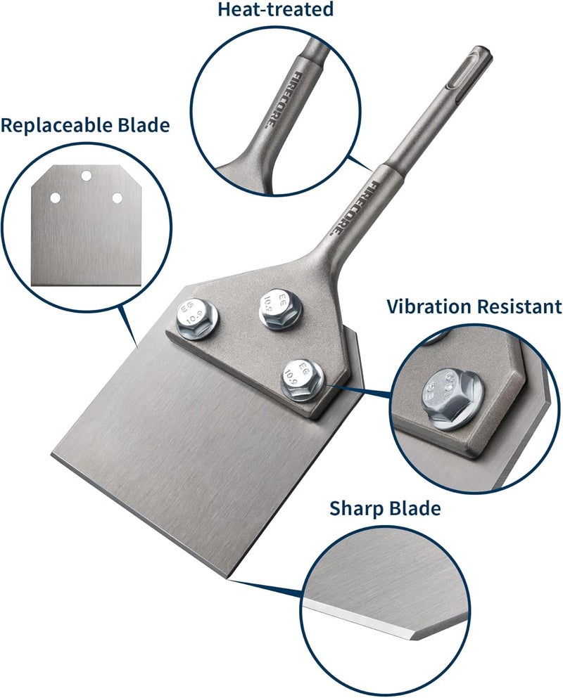 Firecore SDS Plus Floor Scraper with 2pcs Replaceable Blades, 4 Inch wide Thinset Removal Chisel Bits for SDS Plus Rotary Hammer Drill Power Tool, Flat Steel Shovel Tile Ceramic Vinyl Adhesive Remover - Image 2